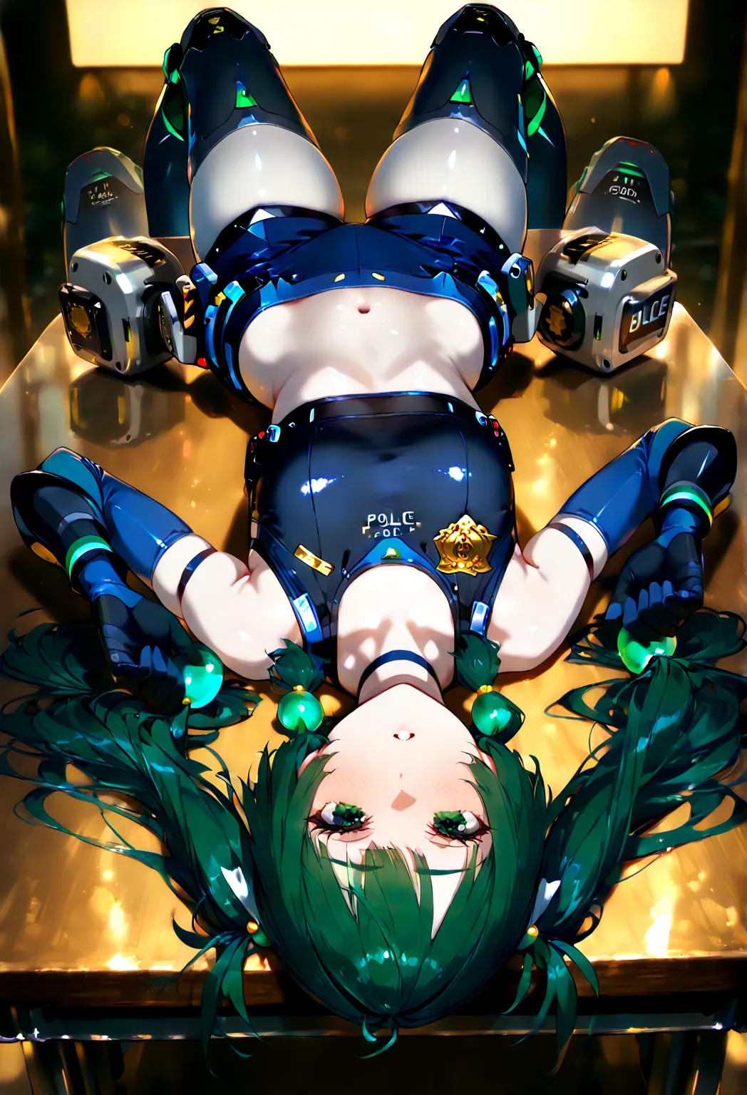  Robot girl, police uniform, lying on table, defenseless, bare shoulders, black sports bra, shorts, pleasure face, petite body, short female, policewoman, robotic legs, thin body, sexy figure, long thin legs,  pale skin, green hair, green eyes, small breas...