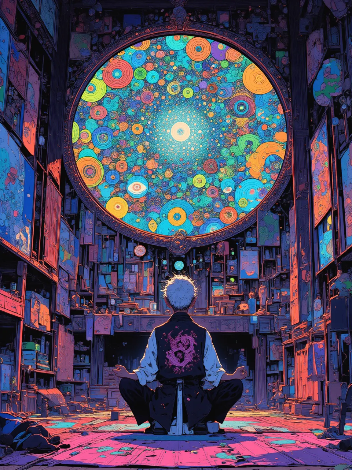 Picture of the old man sitting in a traditional Japanese style room、 mandala design is broken,Swirl🌀,  psychedelic mandala wall   ,  boy meditating with one eye open   ,  inspired by NEVERCREW    , anime, 2D illustrationレーション, 2D illustration, production a...