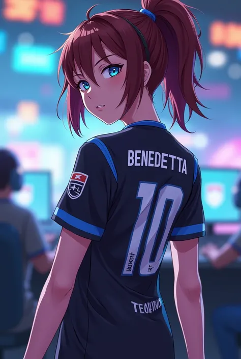 Generate an image that looks like an anime character showing his back and his an esport player and his name tag is written on his back which is benedetta