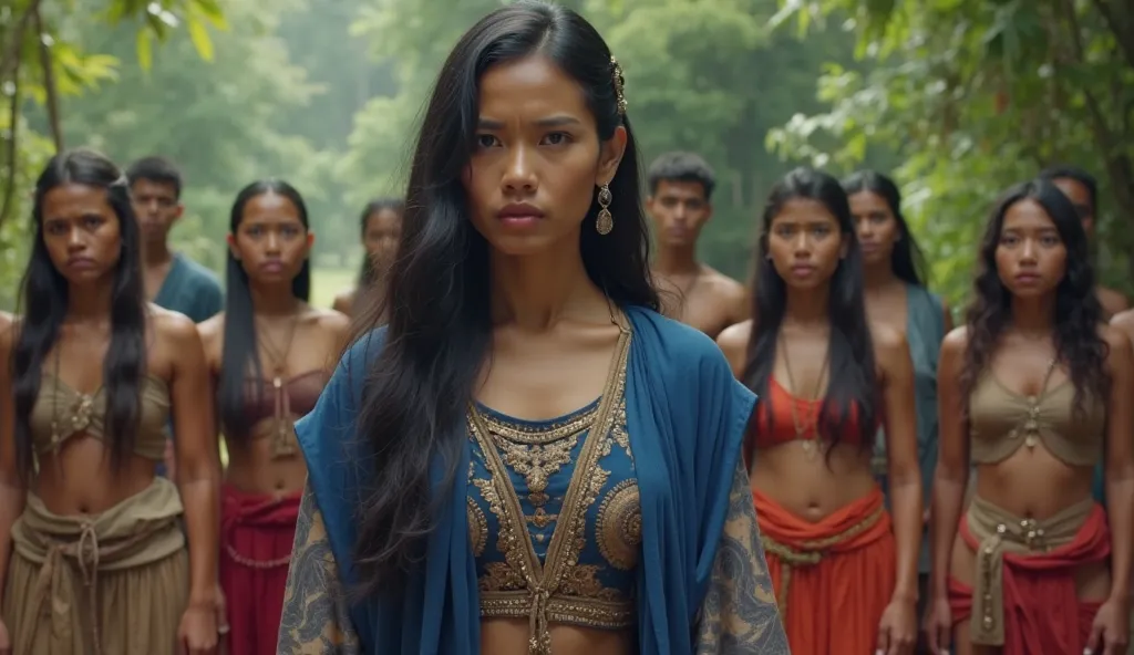  Princess Among" (A Malaysian woman with long black hair is wearing a long tribal-looking dress that is blue on top, has a long-sleeved dress, and a red dress on the bottom)  standing in the village, surrounded by worried villagers, with a determined look ...