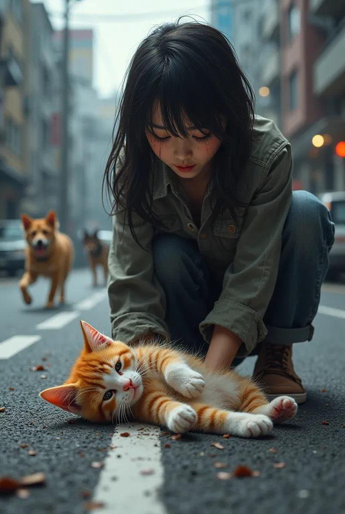 The kitten is playing and is then hit by a car on the asphalt and Miya Miyau cries, He is chased by 2 dogs, with a face of fear and despair,