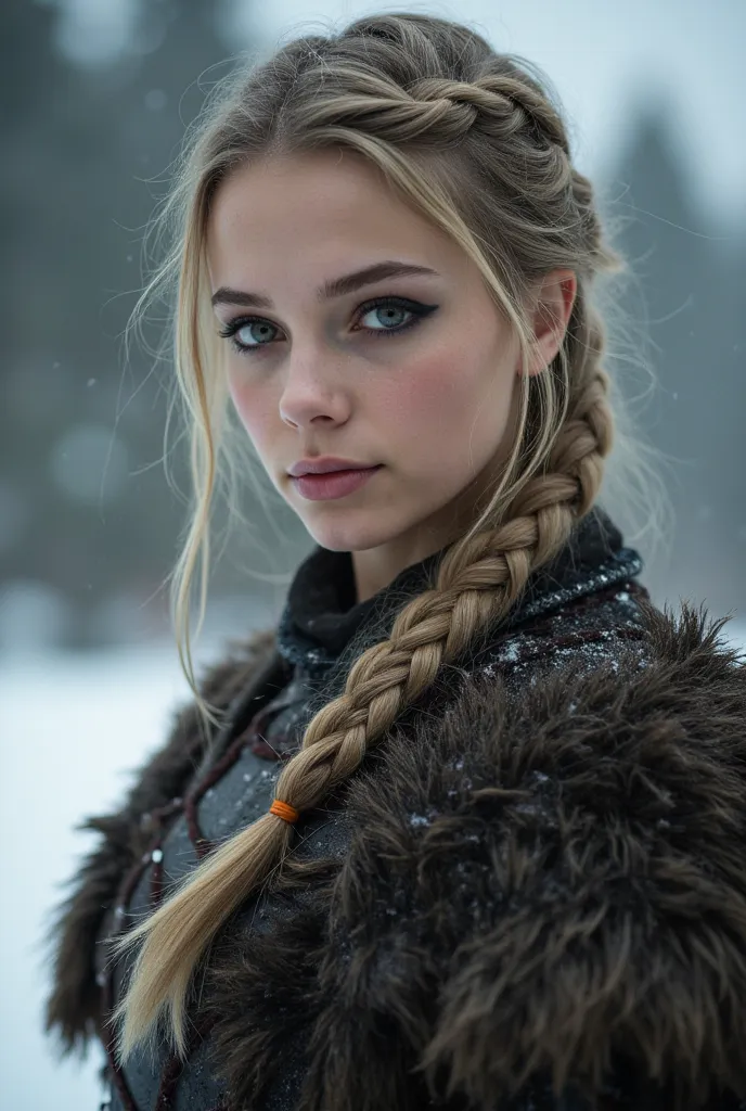 Viking warrior girl,braided hair,facing viewer,medieval armour,Waling through burning village,,heavy snow,Natalie dormer, Ethereal,Portrait,Closeup, portrait,girl posing,Closeup candid photo,Hailee steinfeld  and Maddison beer ,,Closeup,Young ,Voluptuous,,...