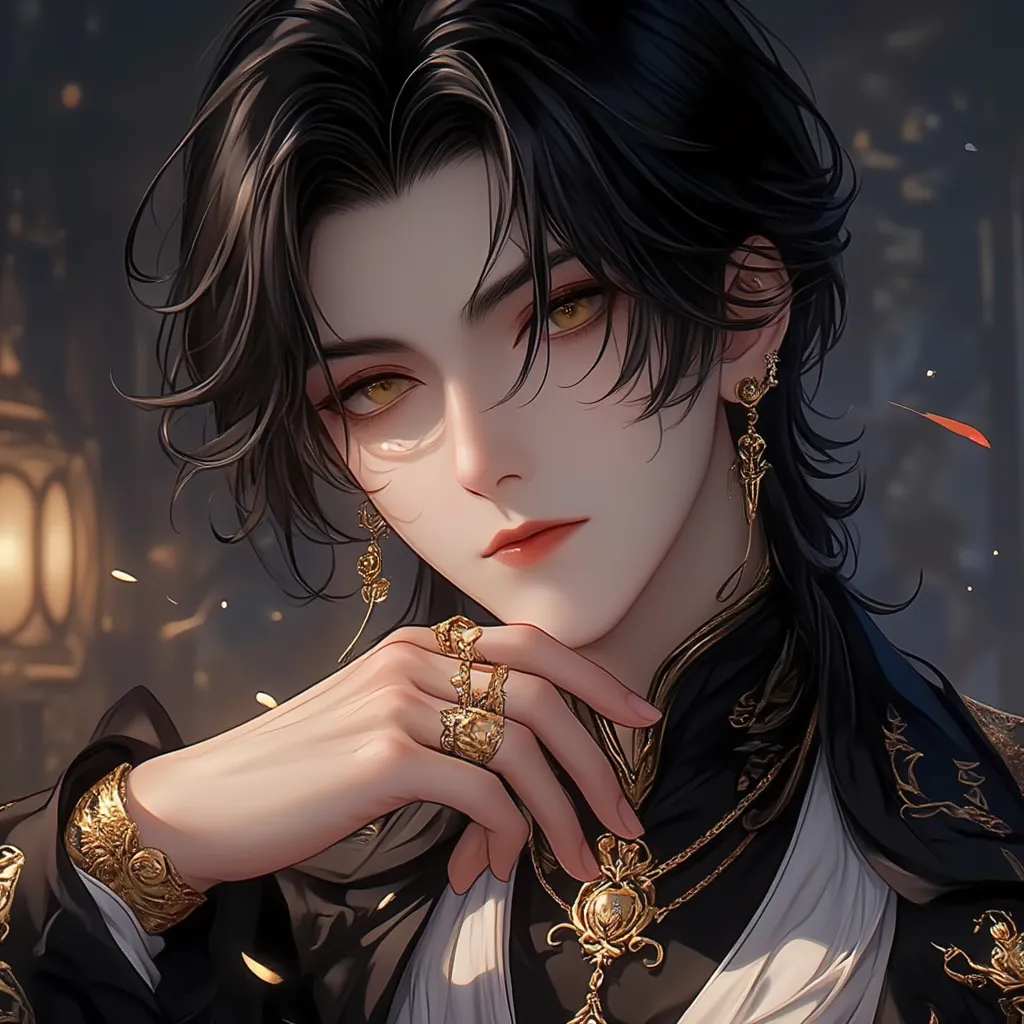 anime style young nobleman black hair golden eyes with gold jewelry
