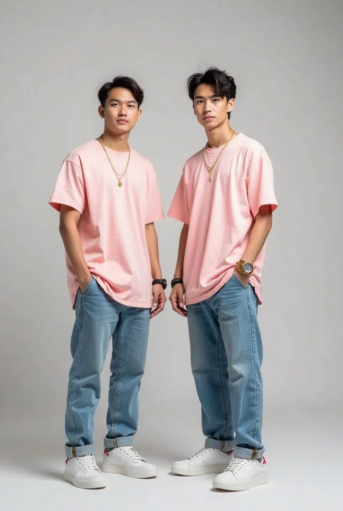 Studio background, two 19 years old asian male with oversized soft pink tshirt, blue jeans and white sneakers with fashionable accessories