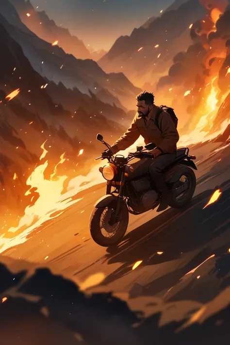 Man driving motorbike, wildfire, bright sun, big sun