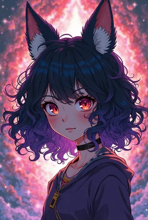 Draw like the art of my hero Academia, pale girl with curly and frizzy hair that reaches up to her shoulder, with fox ears and black hair with purple tips