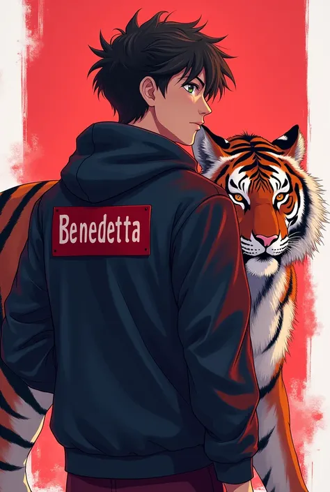 Generate a a male anime character which is an esport player and looking he's looking back showing his back and his name tag is written on it which is benedetta and make his background solid and just draw a tiger in the background