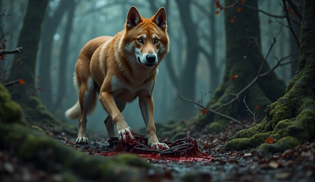 Flashback scene showing a younger Atlas, same tawny coat, scar forming on his front leg, his paw caught in a bloody steel trap deep in a shadowy forest. His amber eyes burning with pain and defiance. Highly realistic, 16K.