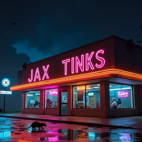 a neon sign with text 'Jax Tinks',a neon sign,[neon lights, vibrant colors, glowing effect],(best quality,highres),(realistic:1.37), JAX TINKS text, rat in the middle of the street looking at viewer