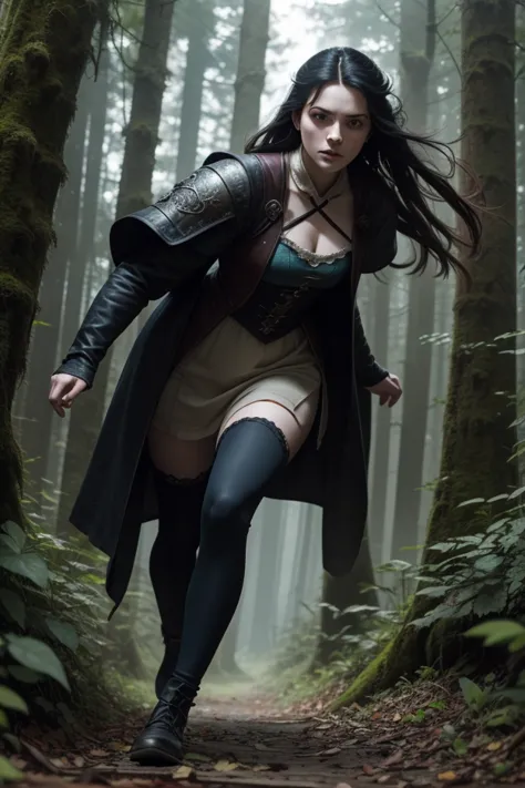 a  girl with black hair, pale skin and blue eyes running away through a dark and sinister forest, wearing a medieval/regency mix of highborn clothing