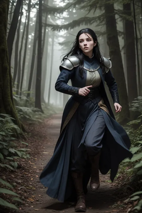 a  girl with black hair, pale skin and blue eyes running away through a dark and sinister forest, wearing a medieval/regency mix of highborn clothing,