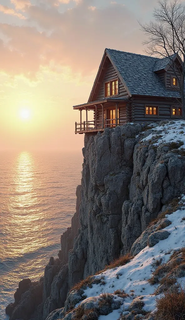 Beautiful wooden house made of logs on a cliff above the sea, rising sun, earliest spring, melting snow, hyperdetail, professional photo, high resolution, high detail, aesthetic, beautiful, realistic