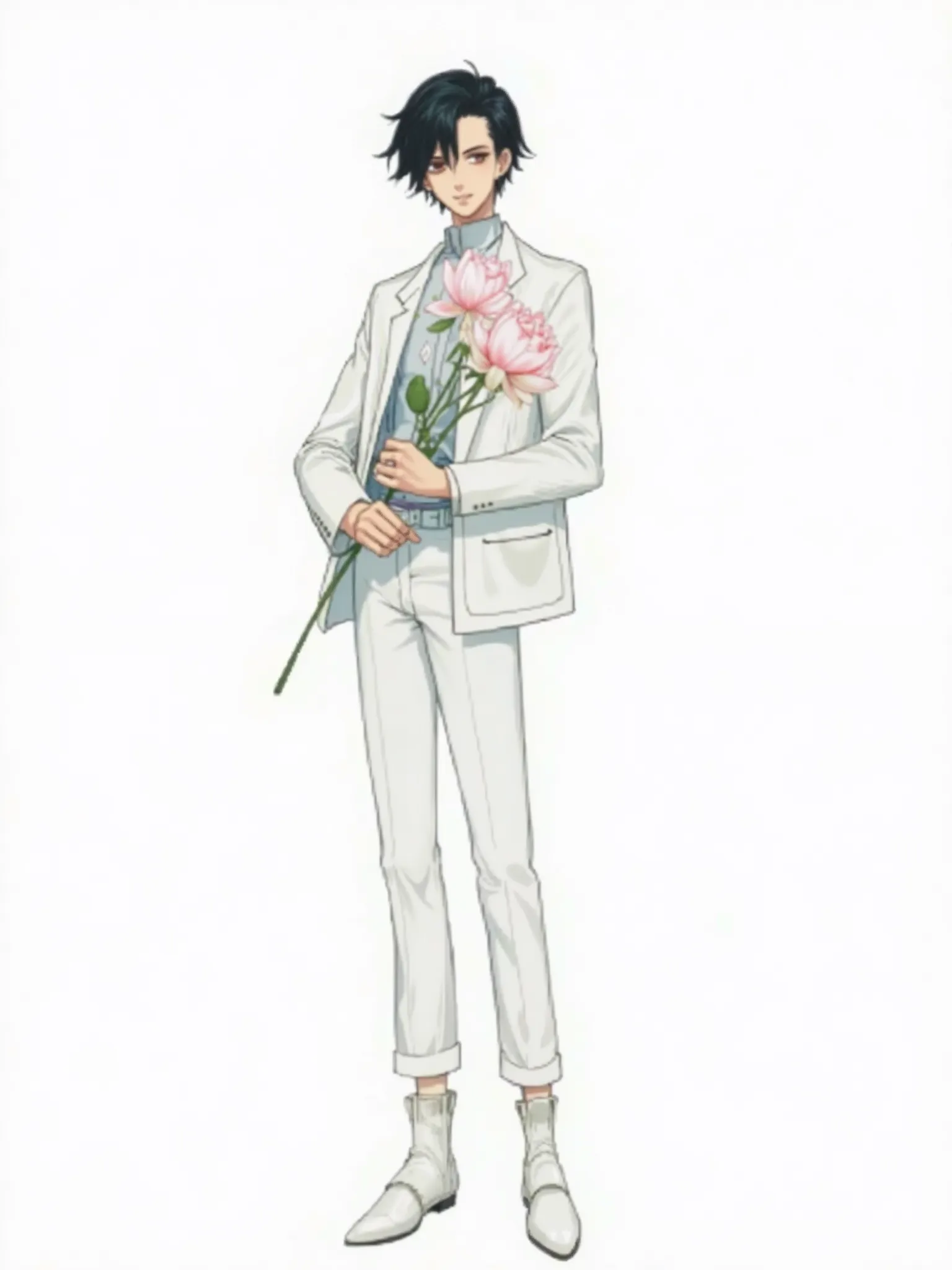 white background,A male,Single,Black half-short hair,New Chinese fashion,wearing a white blazer, Clothes have a lotus pattern, with white shirt inside ,White trousers,White boots,Holding flowers，Gentle and elegant,Anime illustrations, anime style, characte...