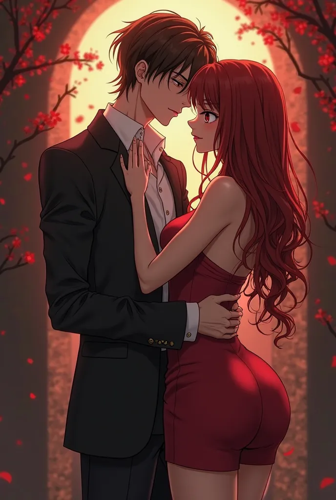 Make an anime of a brown-haired vampire man,  white skin, Red Eyes, His body is thin and thin... He has a neutral but passionate expression... he is with his girlfriend, She has an hourglass body (medium breasts, medium round ass and thin waist), she has w...