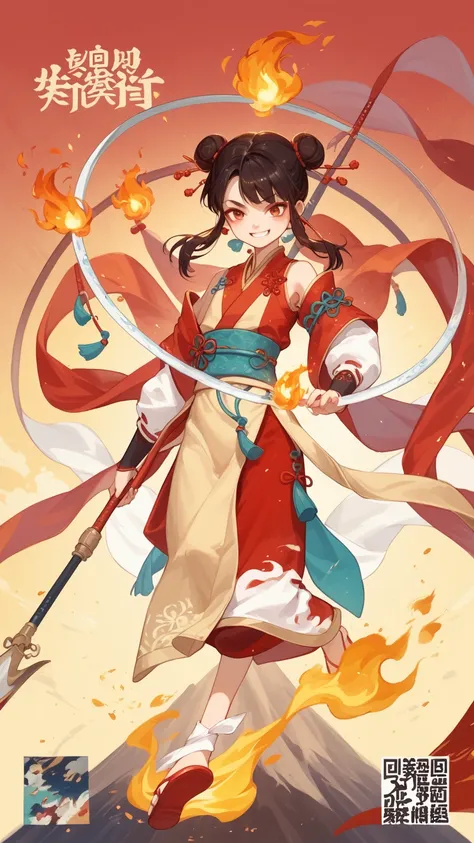 Chinese black and white ink painting，overall illustration style，nezha，A CGI image of a cute，young Asian boy with dark hair in buns，wearing a red and gold outfit with a sash，and red ribbons flowing around her. She has a wide，toothy grin and a small red dot ...