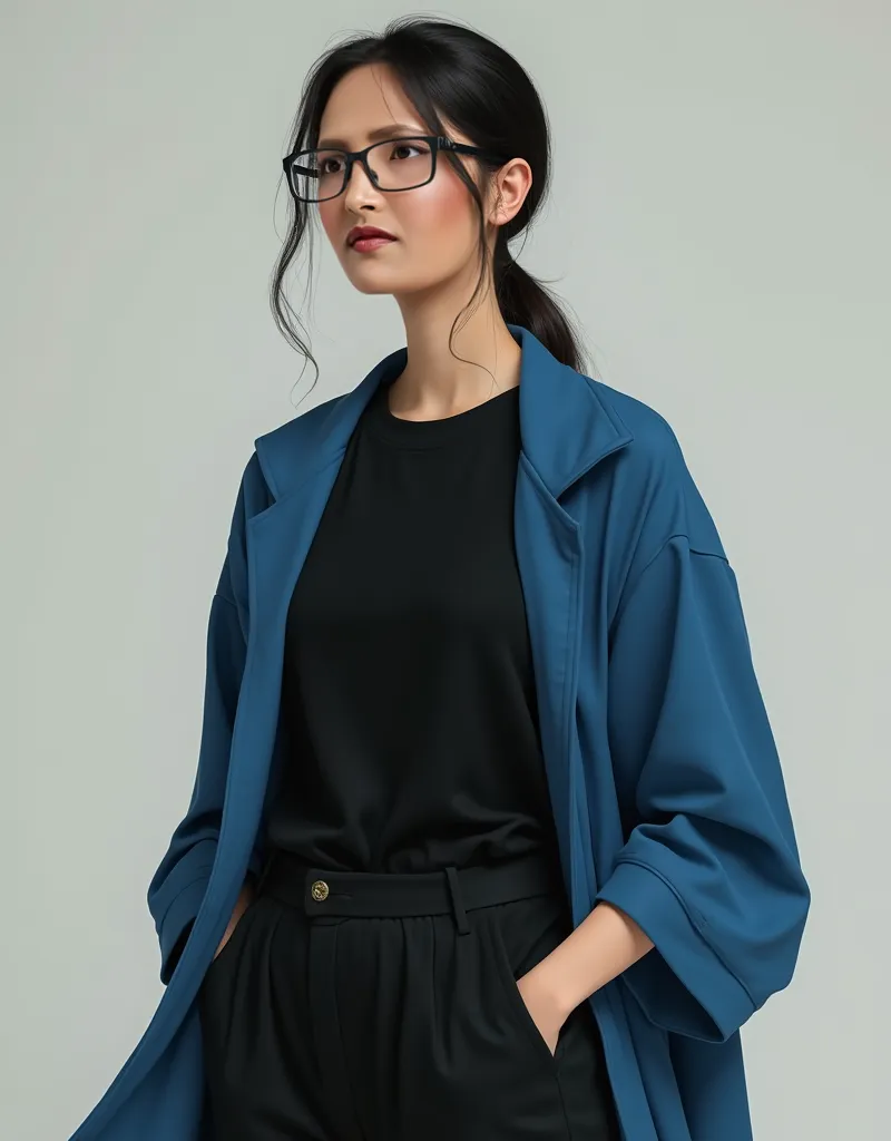 woman with glasses, black t-shirt, blue robe and black pants
