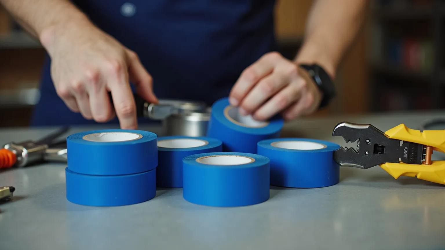 A workspace setting where a professional electrician is organizing tools, featuring multiple rolls of blue electrical tape alongside other essential electrical supplies, emphasizing its importance as a must-have tool for any electrical project