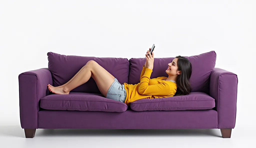 studio shot, photo-realistic, full body, horisontal, side view, a caucasian woman lying on her back on a purple couch with a phone in her hands, eyes looking at the phone, smiling at the phone, casual, yellow shirt, frontal view, high resolution, UHD, stoc...