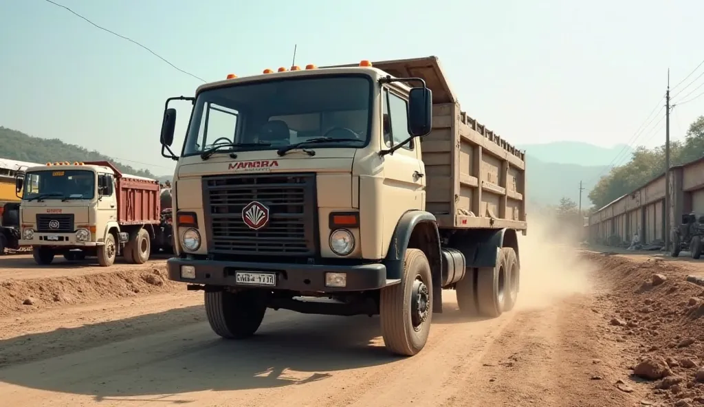 "A high-quality, realistic image of a Mahindra Bolero Maxi Truck parked on a dirt road in an industrial area during daytime. The truck is positioned at an angle, showing its front and side profile. The background consists of other commercial vehicles, ware...