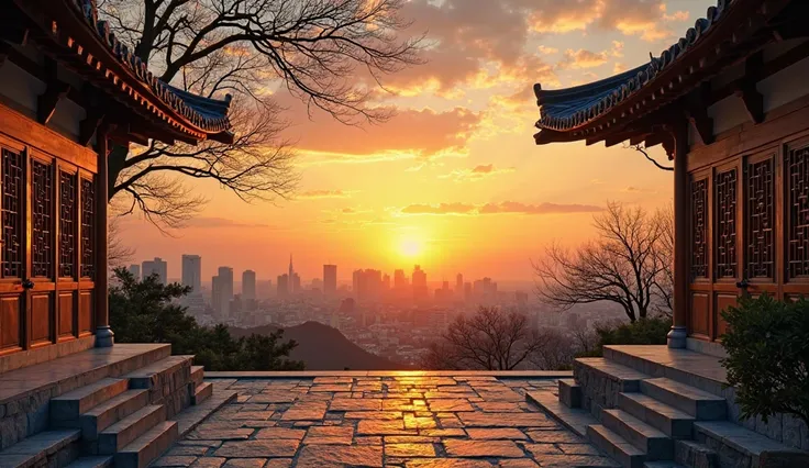 Image is a landscape photograph capturing a serene sunset over a cityscape, viewed from a traditional architectural setting. The foreground features two buildings with classic East Asian architectural elements, such as curved, upturned eaves and intricate ...