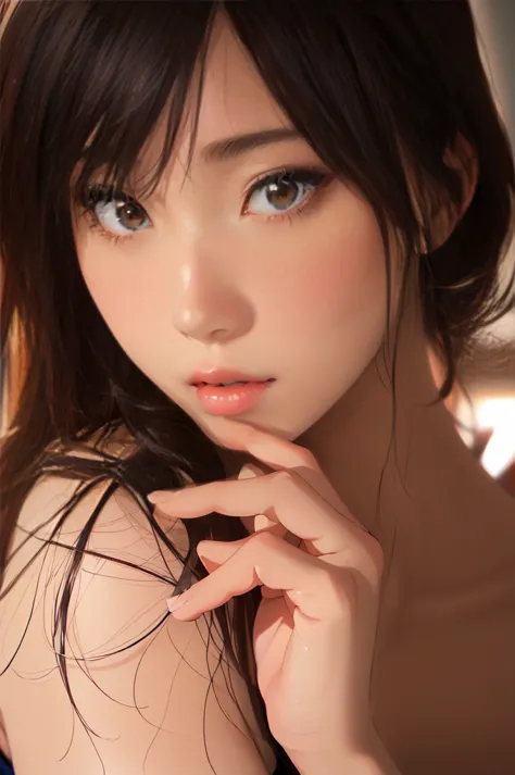 (8k, Best Quality: 1.2),  extremely detailed, Complete solution, (realistic, realistic photo: 1.37), portrait, high definition RAW color pants, Put your finger on your lips、There is a woman with red lips and a black dress, realistic young gravure idol, Yos...