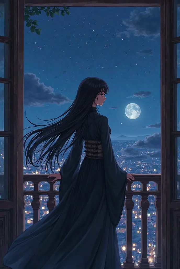 generate an anime girl from her front side standing in balcony of her palace by holding the fence. her long hair are flying due to air. she is wearing beautiful black Gaon. there is night outside . generate picture from outside of the balcony . girl has cl...