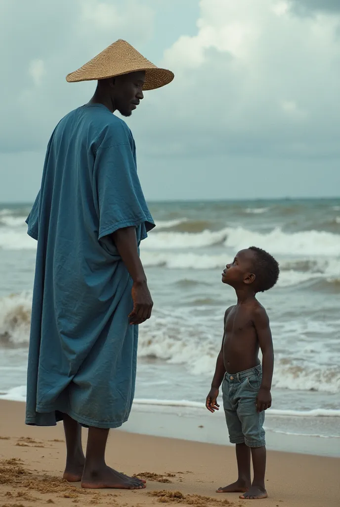 Prompt :
Un matin brumeux sur la côte africaine. Ibrahima Diop, vêtu de son boubou bleu et d’un chapeau de paille, s’apprête à monter dans une pirogue en bois avec d’autres pêcheurs. Son fils Mamadou, pieds nus sur le sable, le regarde avec un mélange d’ad...