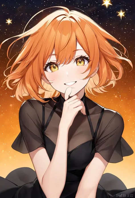   Adult Female,  short orange hair and yellow eyes、 face up、Fearless Smile、less revealing european black dress、orange starry background