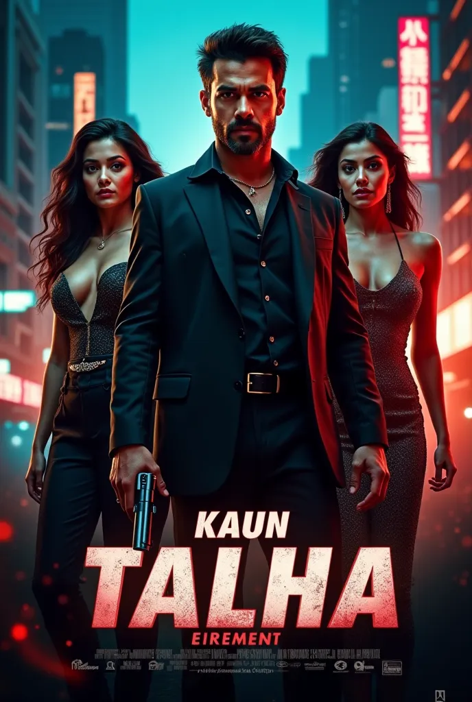 Create a realistic poster of"KAUN TALHA"  name typography  a handsome guy with gun in their hand and  standing between two hottest girls and  gangster style  in a cinematic background 