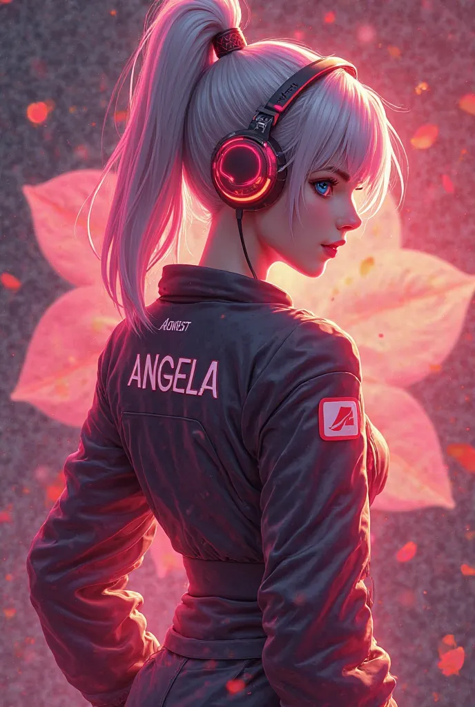 Generate a female character which is an esport player and she is looking back and showing her back and her name tag is written on it which is angela and make her background solid and just put a flower in the background