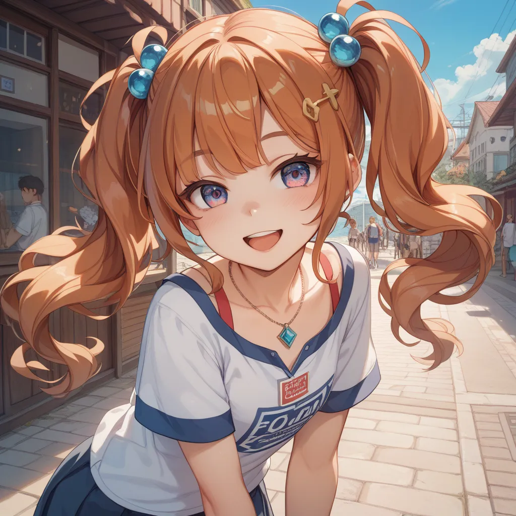 Copper hair、small hair ornament、twin tails、long hair、 eye larger、Keep the outer corner of your eye high 、lashes slightly longer、Small nose、Open your mouth slightly、smile、18 years old、Lean forward、Short sleeve、Chest Exposure、 pendant