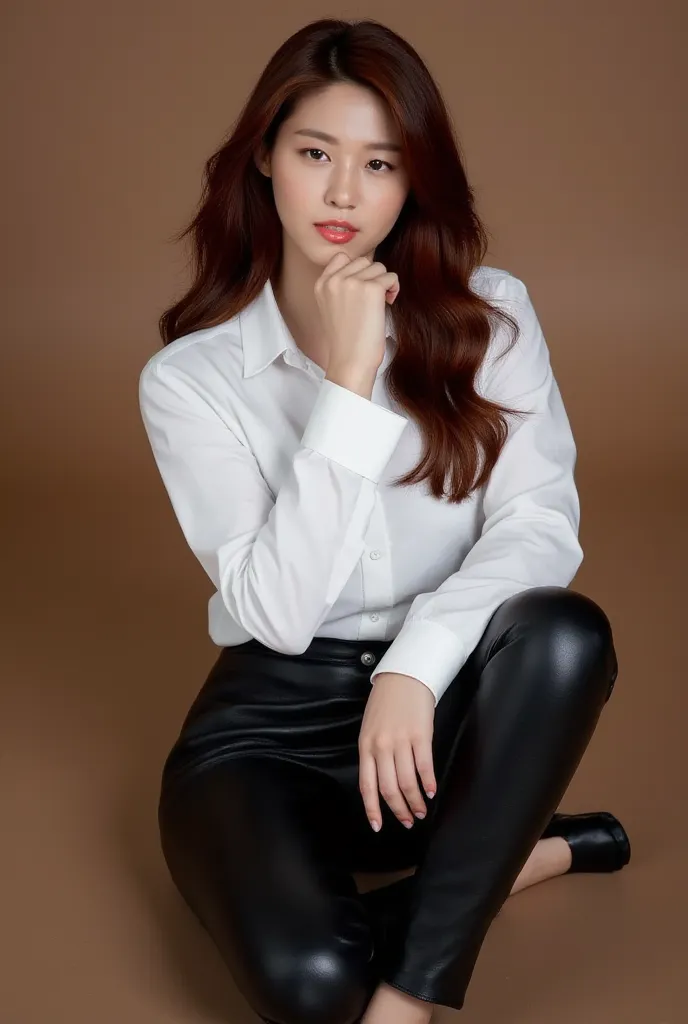 Seolhyun, Very pretty girl, Pretty face, sitting , crossed legs, white silk blouse, Black leather leggings, platform High heels, High details, Beautiful. Dark red hair, Masterpiece, Super Detailed, Textured Skin, Realistic, Full body, POV, from above, High...