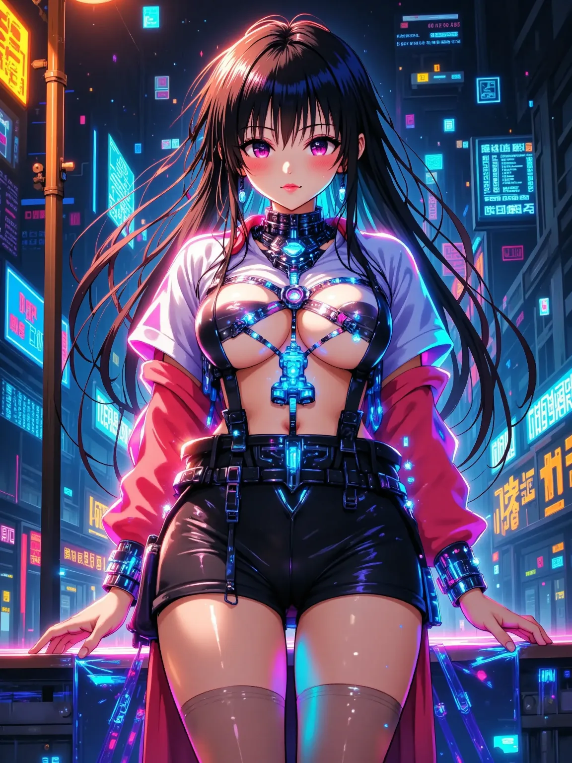 Neon Rainy Night Mechanical Prosthetic Girl，Liquid Metal Coat Reflects Blue Orange Fault Light Effects，Background hologram showing binary code，Vaporwave Style Cyber Buddha Suspended in the Air，Light Traced Particle Effects