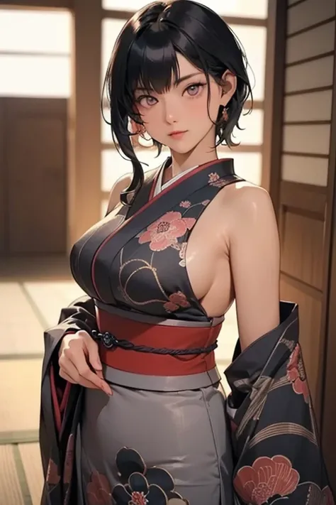   (perfect sexy figure), Alone , ((( Japanese clothing, dark color base, with intricate and beautiful traditional patterns ))), (sui-feng, short hair, short hair with long locks,  sideboob), ((masterpiece, Alta resolución, Best quality at best))，masterpiec...