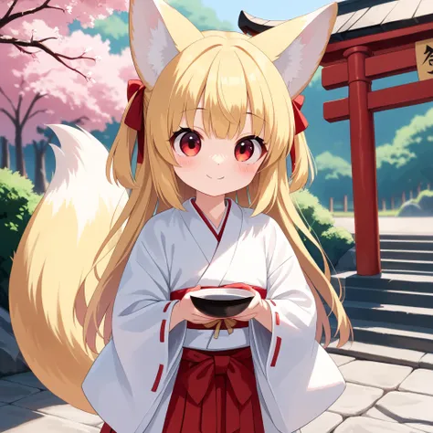 (masterpiece, best quality:1.4), (8k, ultra-detailed, anime style:1.2), cute young girl,  Fluffy fox ears, Fluffy fox Tail,:1.6), big eyes, small nose, detailed hair, (wearing Japanese white clothes:1.6), BREAK (red short hakama:1.4), bright and colorful b...