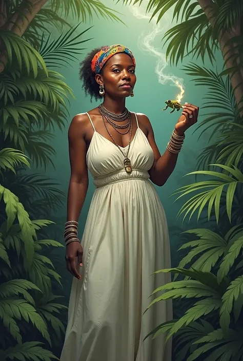 The image shows an Afro-Venezuelan woman of whole body slightly gained weight, dressed like a historical slave, in a jungle environment. She wears a long and loose white cotton dress, slightly worn but elegant, with puffed sleeves and a flowing skirt. Her ...