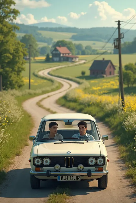 A young man drives a car on a country road, realistic 