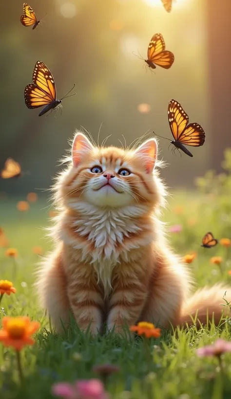 "A fluffy cat sat quietly in the park after playing with butterflies. His breath was slightly breathless, and his eyes lit up with happiness. Several butterflies were still flying around him, while the cat watched them with a satisfied and relaxed expressi...