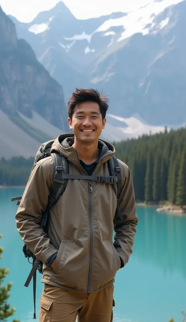 Handsome cute young asian man smiling at the camera, hiking in the mountains, beautiful lake scenery 