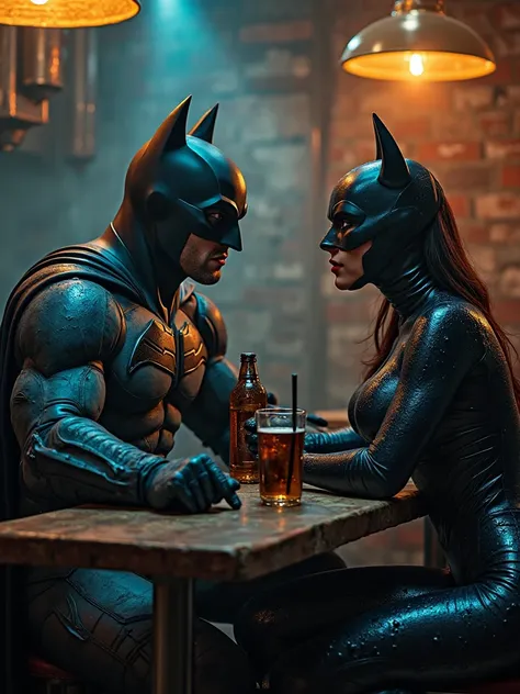 Imagine a very detailed 4k realistic photo, HD, Of Batman having a beer with Catwoman