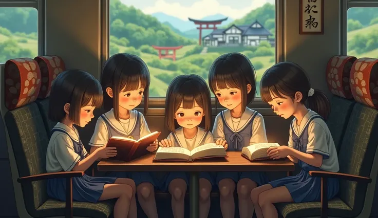 Live action, on a train in Japan, elementary school students reading a book.