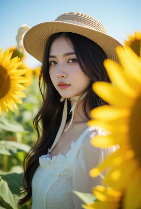 A stunning close-up of a girl with long, wavy black hair, standing amidst a bright sunflower field under a bright blue sky. She has captivating golden-brown eyes, finely curved eyebrows, smooth, glowing skin and wearing a wide-brimmed straw hat tied under ...