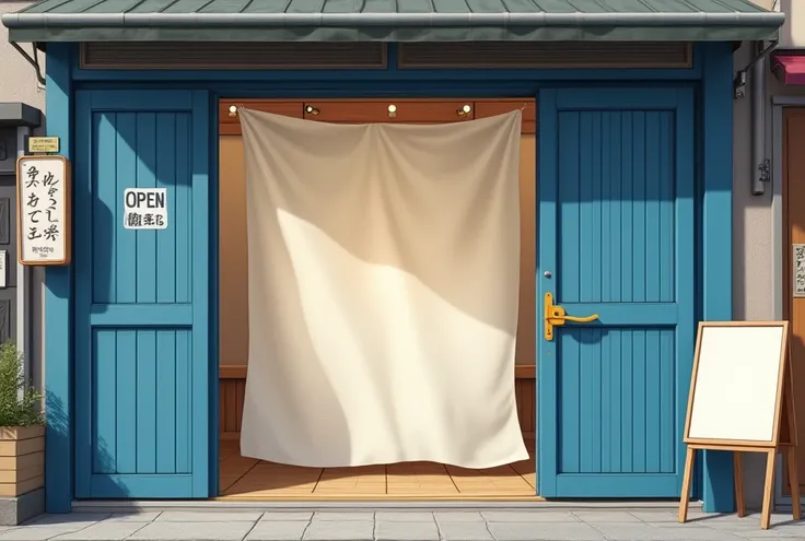 realistic photo, a shop with a banner depicting a noodle dish, the shop's blue folding gate, half open. Behind it is a cream colored cloth. On the door handle hangs a white board that says open