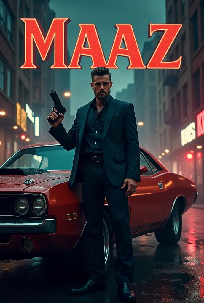 Create a realistic poster of"MAAZ"  name typography  a handsome guy with gun in their hand and  standing with "Dodge" car and gangster style  in a cinematic background 