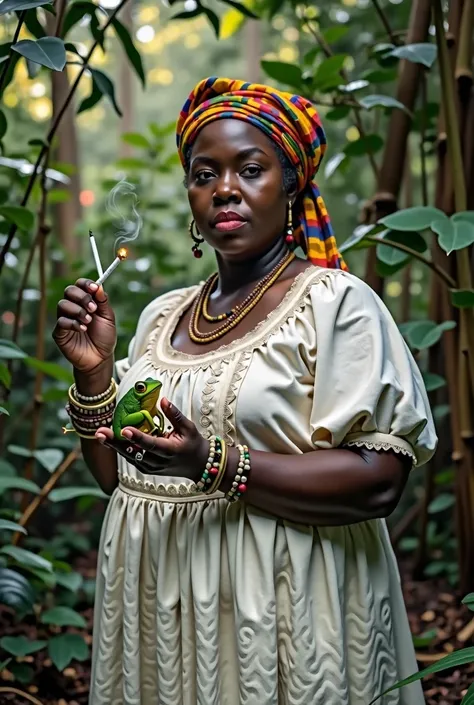 The image shows an Afro-Venezuelan woman of whole body slightly gained weight, dressed like a historical slave, in a jungle environment. She wears a long and loose white cotton dress, slightly worn but elegant, with puffed sleeves and a flowing skirt. Her ...