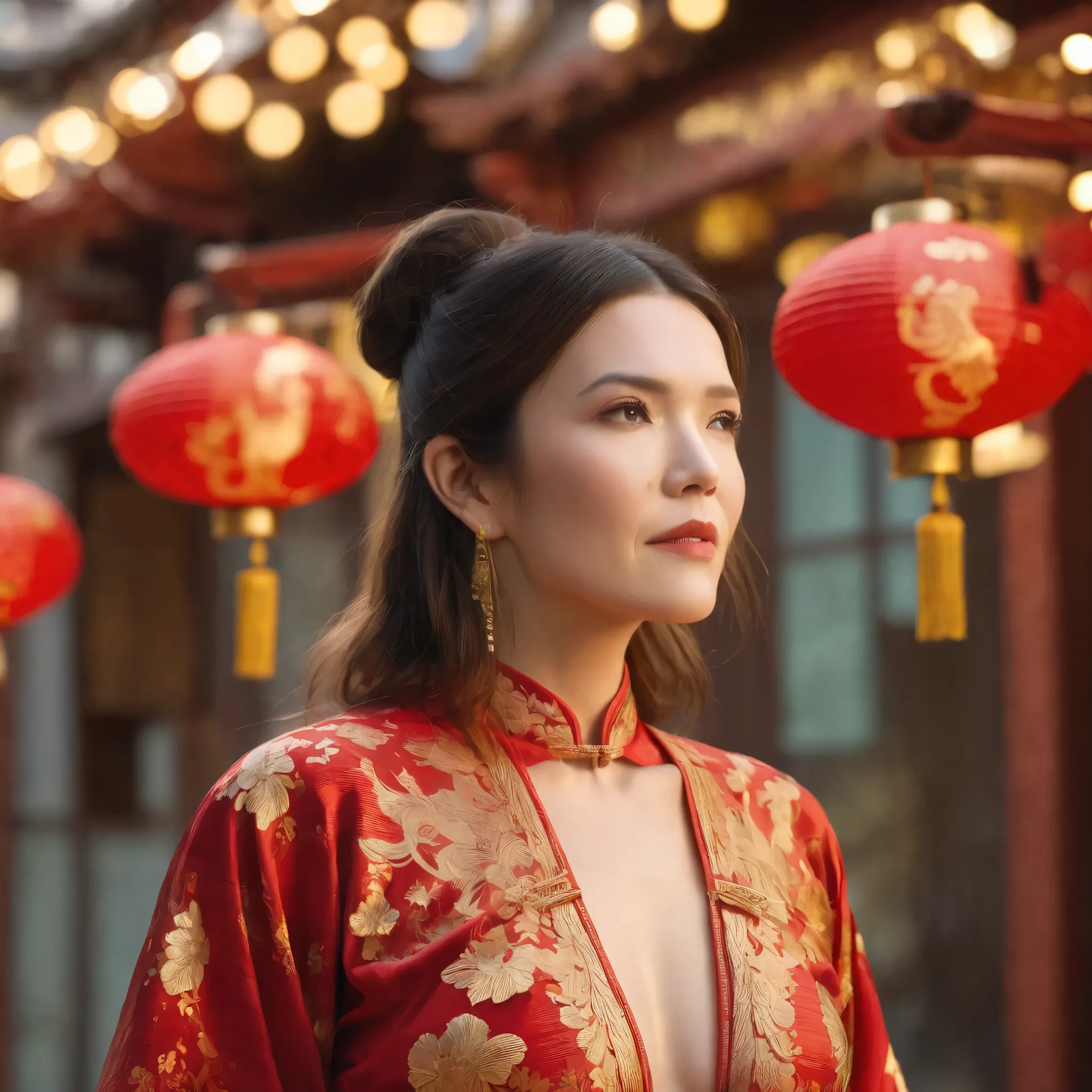 best quality, highres, 8k, masterpiece, photography, detailed midbody photorealistic portrait. Mandy Moore is seen in Chinatown, wearing an elegant red and gold qipao-inspired lace lingerie set, featuring a high-collared lace bralette with golden embroider...