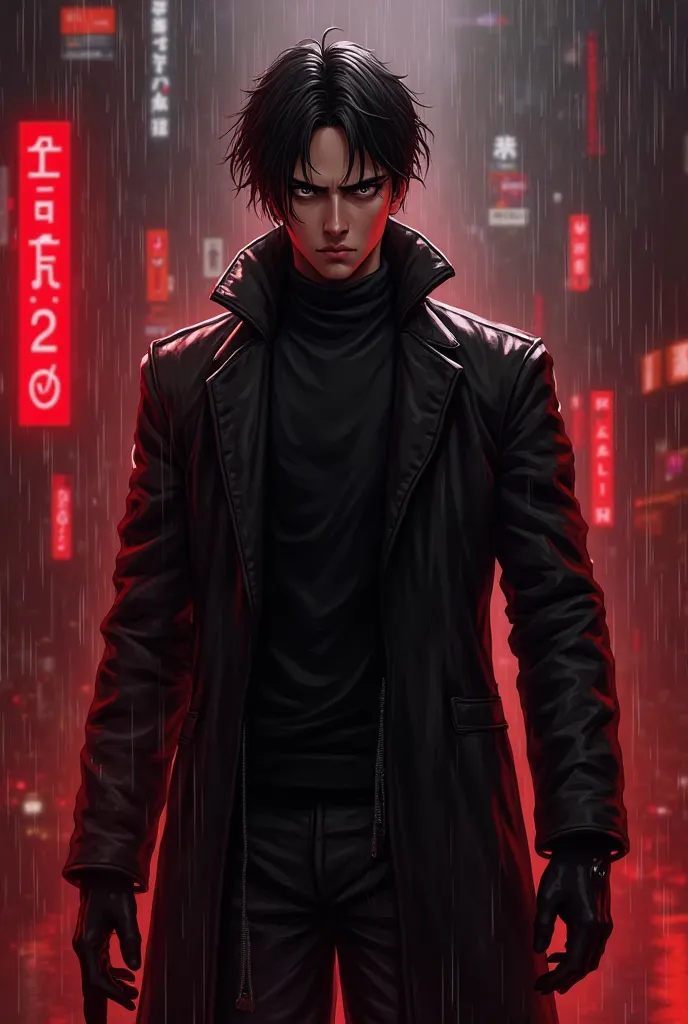 "Create a Procreate-style digital painting of a male protagonist in a sleek black tactical suit, standing in a confident and intense pose. He has black eyes and slightly tousled hair, with a serious and mysterious expression. The background should be a fut...