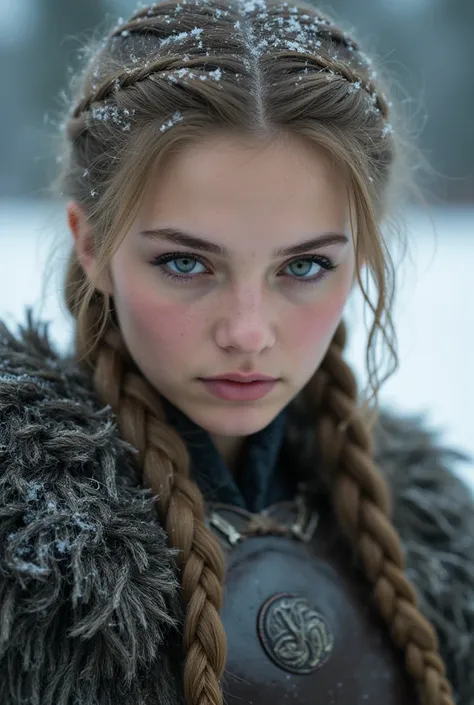 Viking warrior girl,braided hair,facing viewer,medieval armour,Waling through burning village,,heavy snow,Natalie dormer, Ethereal,Portrait,Closeup, portrait,girl posing,Closeup candid photo,Hailee steinfeld  and Maddison beer ,,Closeup,Young ,Voluptuous,,...