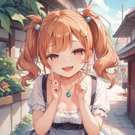 Copper hair、small hair ornament、twin tails、long hair、 eye larger、Keep the outer corner of your eye high 、lashes slightly longer、Small nose、Open your mouth slightly、smile、18 years old、Lean forward、Short sleeve、Chest Exposure、 pendant