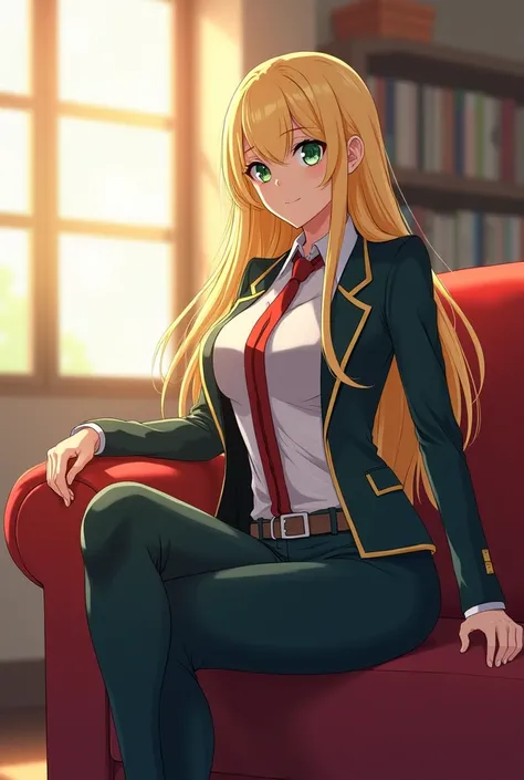 my hero academy, feminine gender, long straight blond hair, green eyes,  Academy Uniform, sitting in the living room 